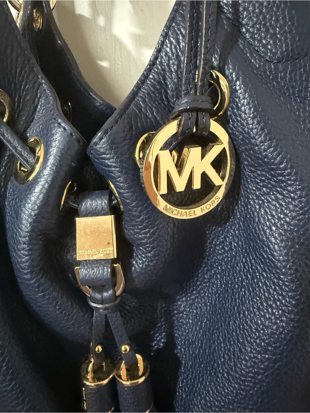 Michael Kors Navy Pebbled Leather Shoulder Bag with Gold MK Charm